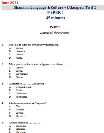 Akuapem Twi 2021 BECE Past Questions only (PDF)