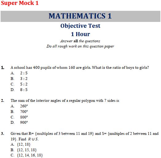 2022 Mathematics BECE Questions Super Mock Exam 1