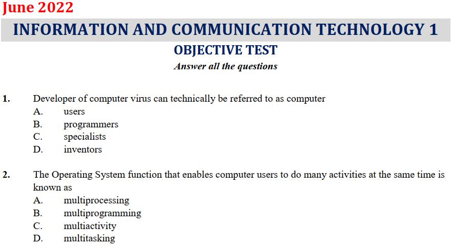 ICT 2022 BECE Past Questions and Answers (PDF)